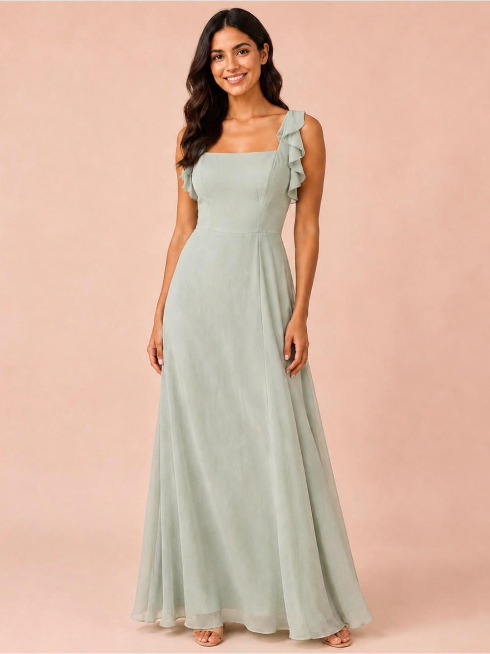 Azazie Sage Green Ruffle Strap Square Neck Maxi Dress